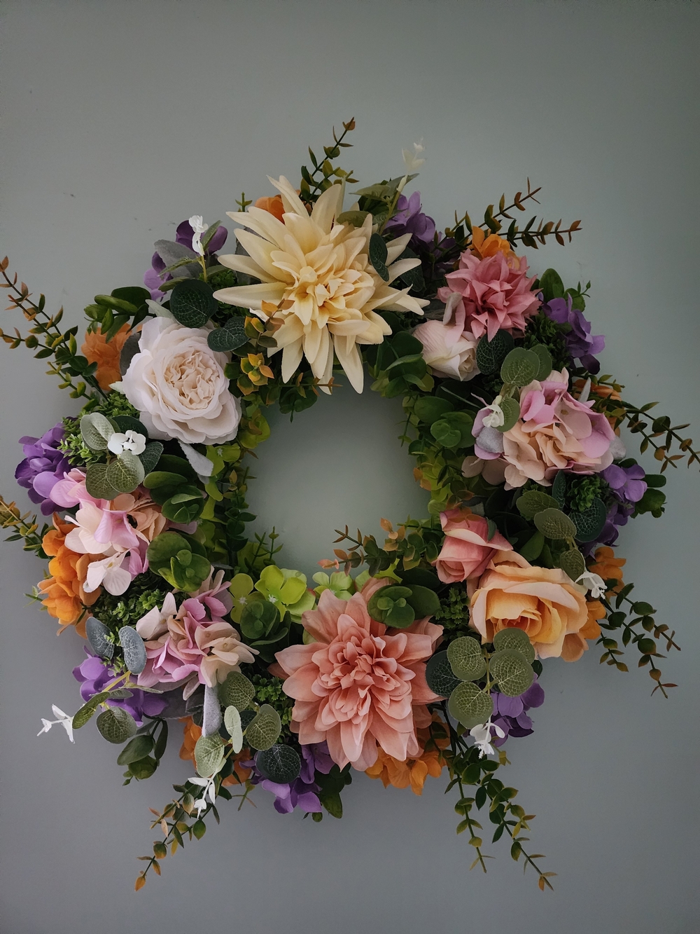 24 In Floral Mixed Bloom Wreath in Peach, Purple & Cream - Soomeir